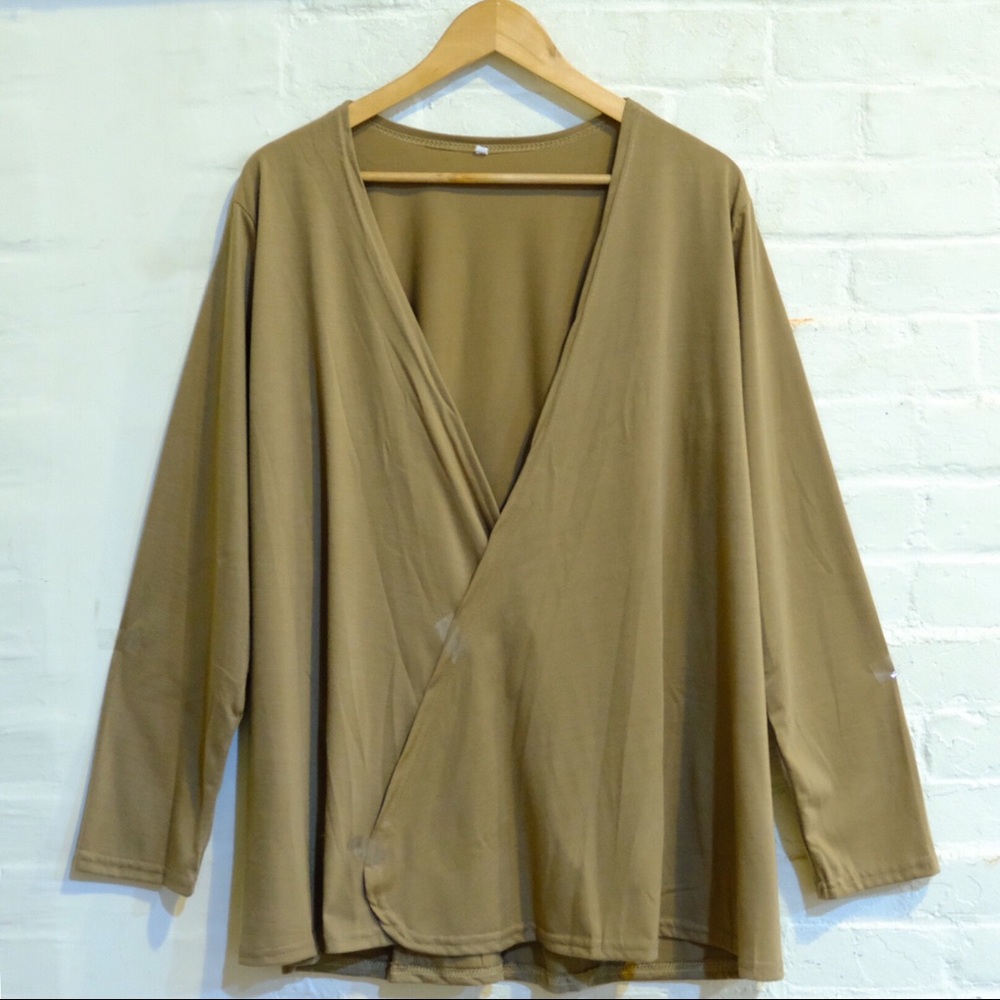 Open front basic lightweight khaki cardigan kimono - Picture 6 of 13